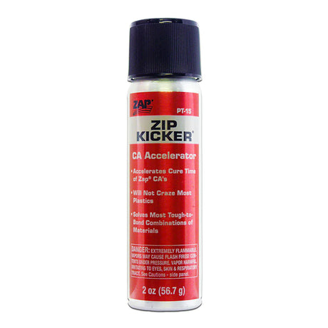 Zap Zip Kicker CA accelerant in a clear container with a pouring spout, ready for use in fire starting or outdoor activities.