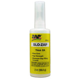 Yellow thick Zap Slo-Zap CA super glue bottle with applicator tip, designed for strong bonding and precise application.