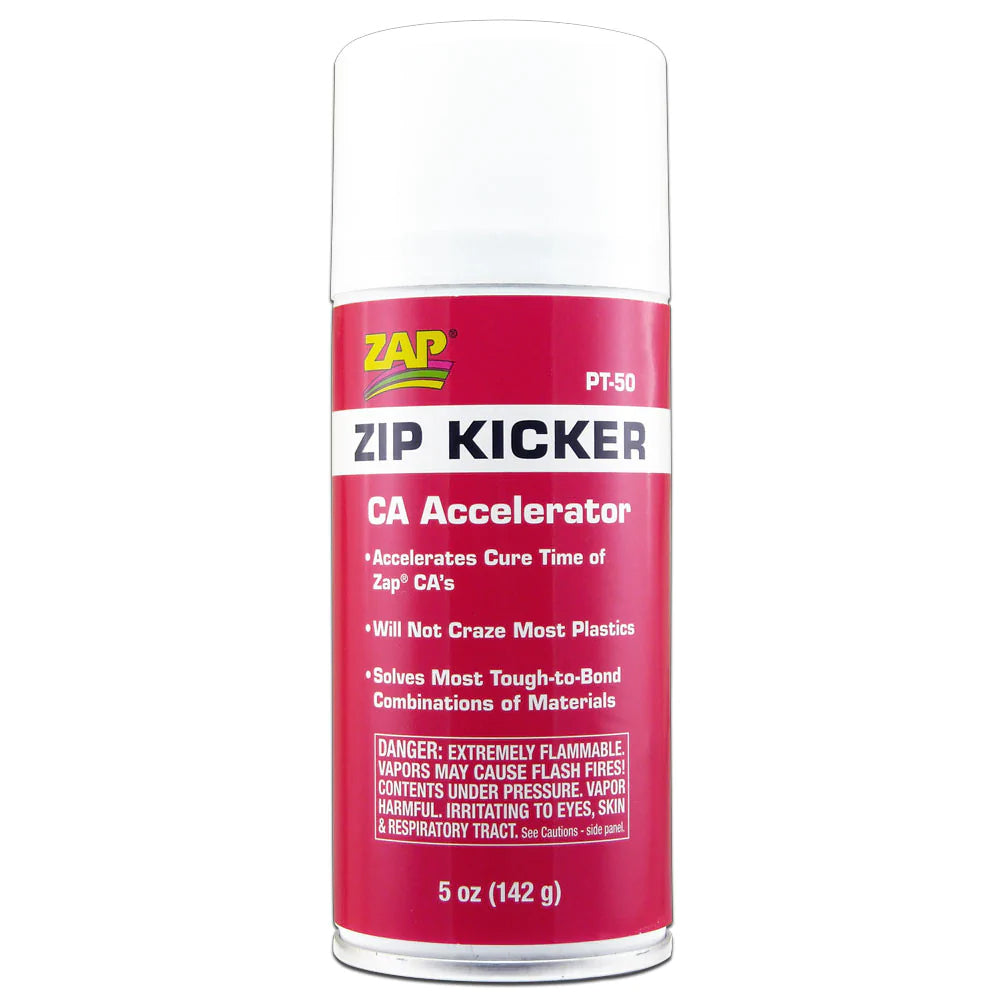 Zap Zip Kicker CA accelerant in a container with a yellow cap, used to enhance the effectiveness of fire-starting products.