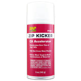 Zap Zip Kicker CA accelerant in a container with a yellow cap, used to enhance the effectiveness of fire-starting products.