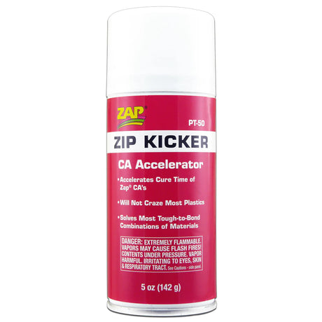 Zap Zip Kicker CA accelerant in a container with a yellow cap, used to enhance the effectiveness of fire-starting products.