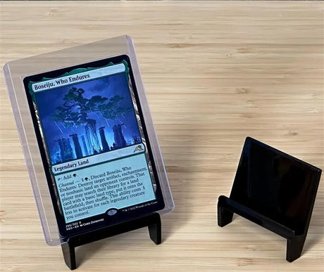 BCW card holder stand displaying collectible trading cards, designed for easy viewing and protection of trading card collections.