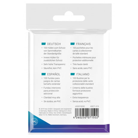 Ultimate Guard Precise-Fit Standard Sleeves for cards, 100-count pack, clear protective card sleeves for gaming and trading card decks.