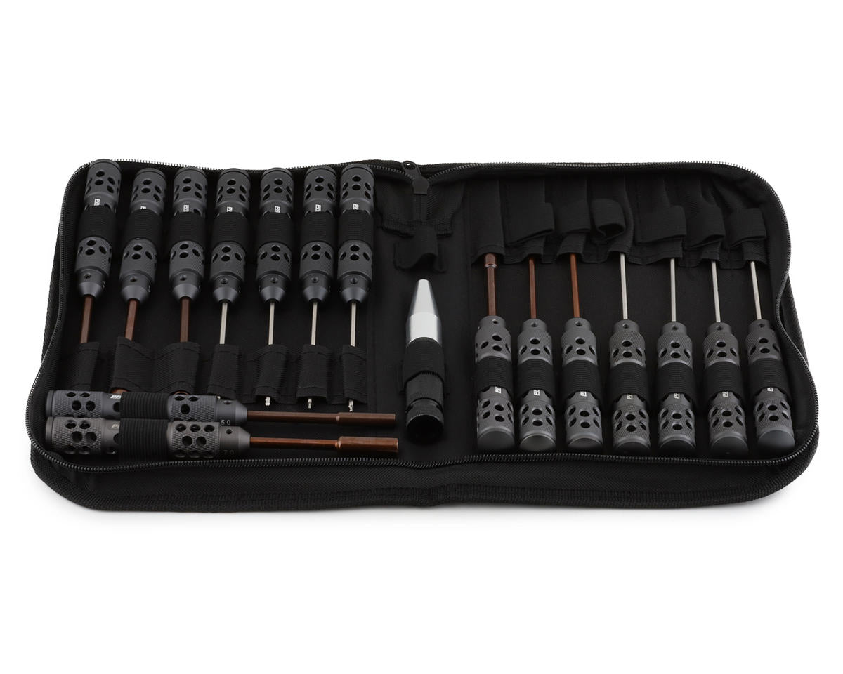 ProTek RC TruTorque team tool bag with multiple compartments, black fabric, and zipper closures for RC hobby tools and accessories.