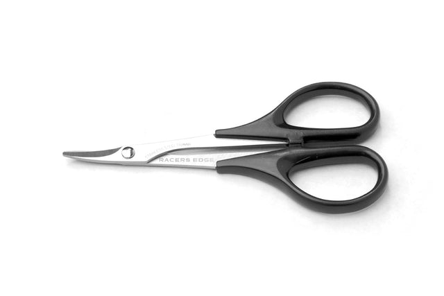 Racers Edge Curved Lexan Scissors for RC car hobbyists, featuring ergonomic handles and sharp blades for precise cutting.