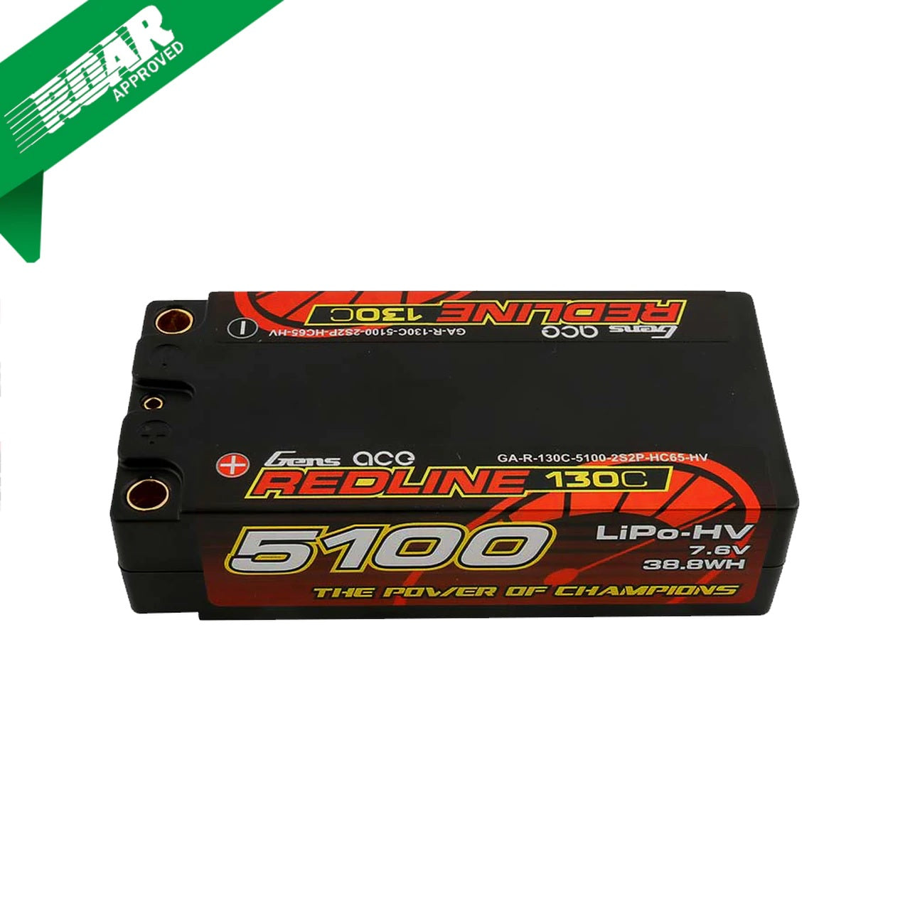 Gens Ace Redline 5100mAh 7.6V 2S 130C HV shorty LiPo battery for RC cars, shown in the image.