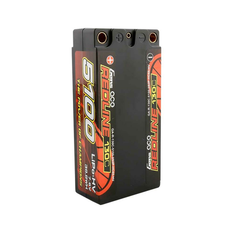 Gens Ace Redline 5100mAh 7.6V 2S 130C HV shorty Lipo battery for RC cars, featuring red and black design and durable build.