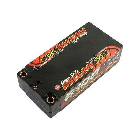 Gens Ace Redline 5100mAh 7.6V 2S 130C HV shorty LiPo battery for RC car, with red and black design and battery terminals visible