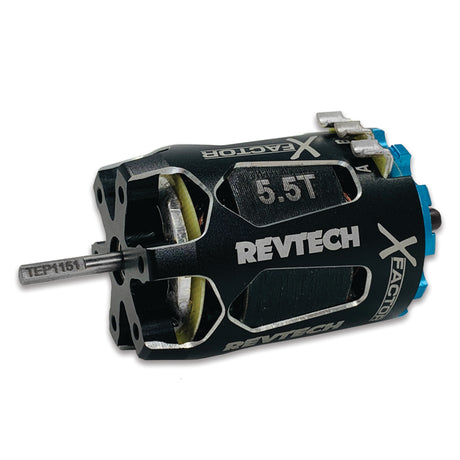 Trinity X-Factor 5.5T Modified Series Brushless Motor for RC cars, showing the compact black motor with wiring and branding.