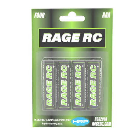 Four Rage RC AAA alkaline batteries in a clear plastic pack, ready for powering remote control devices.