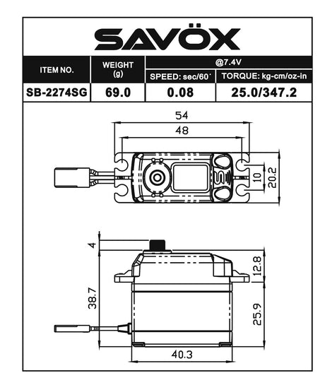 Savox SB-2274-SG high voltage brushless digital RC car servo showing black and silver servo with mounting flanges
