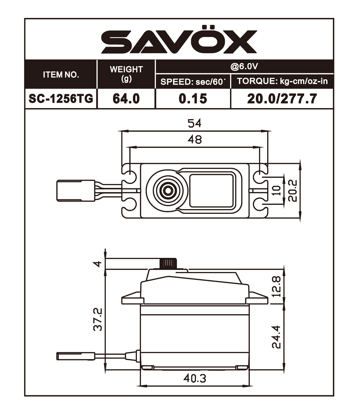 Savox SC-1256TG-BE black edition standard size coreless digital RC car servo with 0.15 sec speed and 277 oz-in torque at 6V