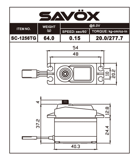 Savox SC-1256TG-BE black edition standard size coreless digital RC car servo with 0.15 sec speed and 277 oz-in torque at 6V