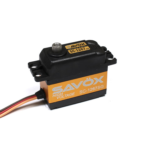 Savox SC-1267SG high torque digital RC car servo with metal gears and waterproof design, showcasing its compact size and build.