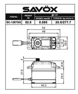 Savox SC-1267SG high torque digital RC car servo with metal gears, compact design, and wiring, rated at 0.09 sec and 277 oz-in torque