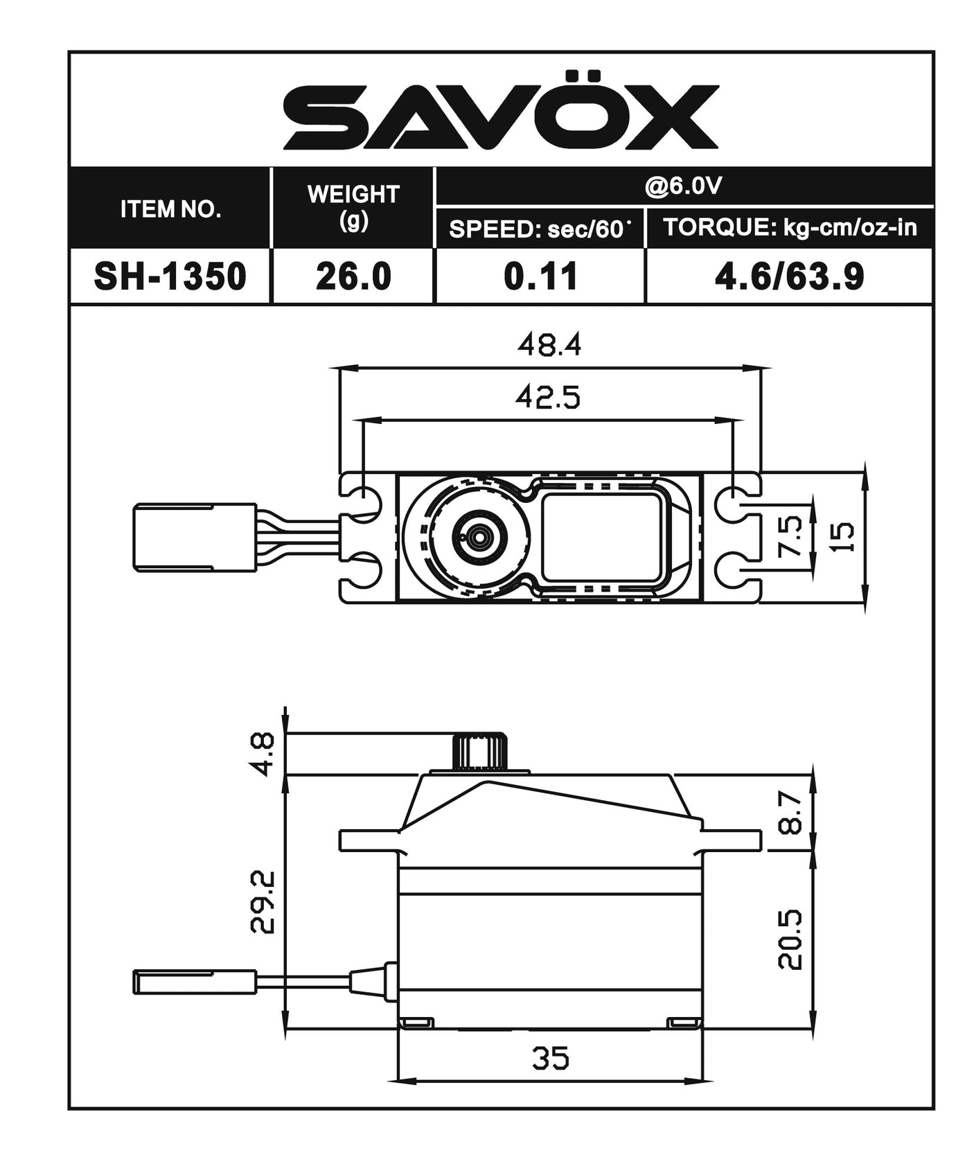 Savox SH-1350 Mini Size Coreless Digital Servo for RC cars, showing compact design and sleek black exterior.