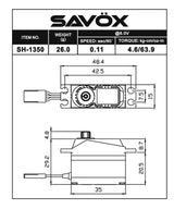 Savox SH-1350 Mini Size Coreless Digital Servo for RC cars, showing compact design and sleek black exterior.