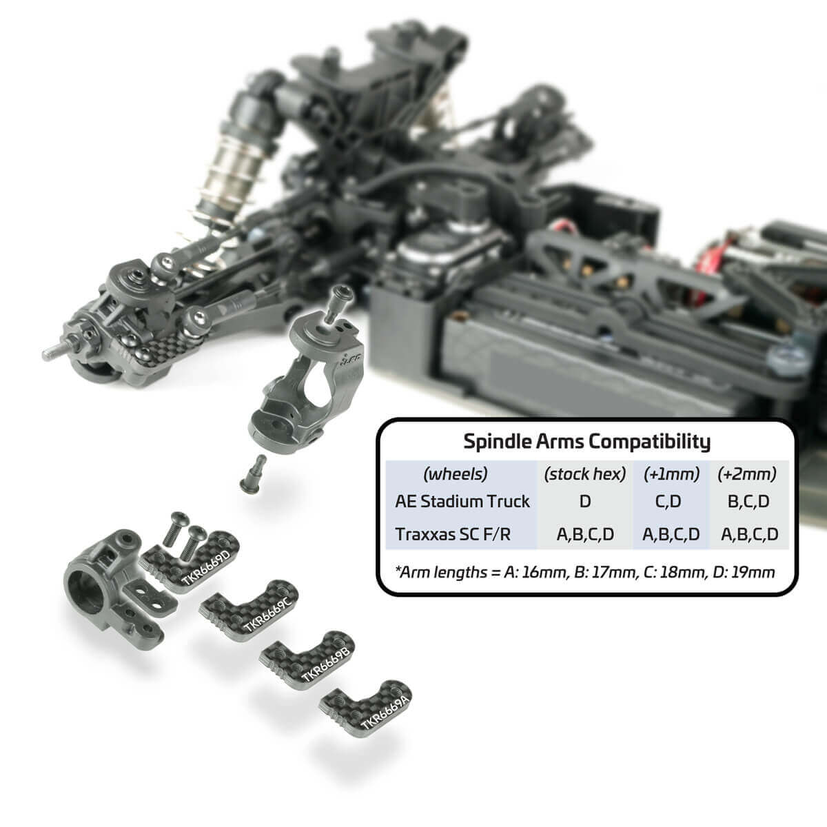 Tekno TKR6553X adjustable Ackermann spindles for RC car, showing spindle arm compatibility and detailed mechanism.