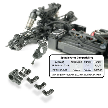 Tekno TKR6553X adjustable Ackermann spindles for RC car, showing spindle arm compatibility and detailed mechanism.