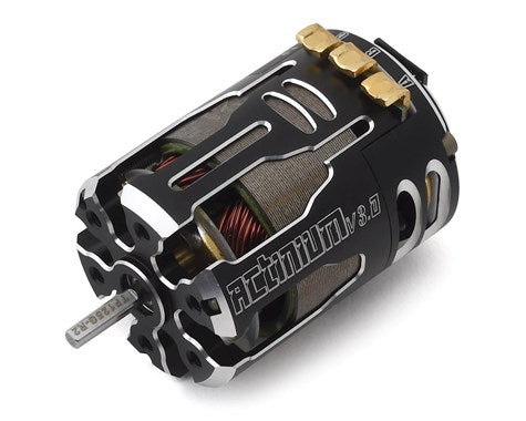 Team Powers Actinium V3 5.5T brushless RC car motor with cooling fins and wiring, designed for high-performance remote control vehicles.