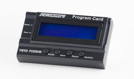 Team Powers Radon ESC Programming Card, compact electronic component for customizing power system settings, visible with connection ports.