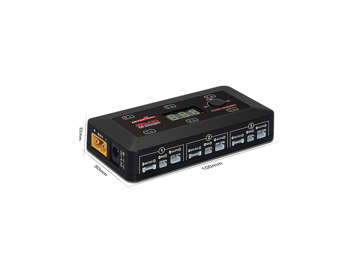 Ultra Power UPTUPS6 25W 1Sx6 compact DC charger for RC cars, shown in the image with connectors and compact design.