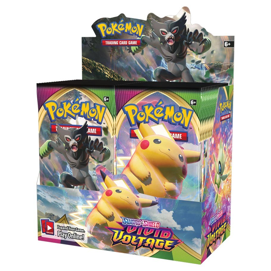 Pokemon Vivid Voltage Booster Box for Pokémon TCG, featuring colorful booster packs with Pikachu and other Pokémon characters.