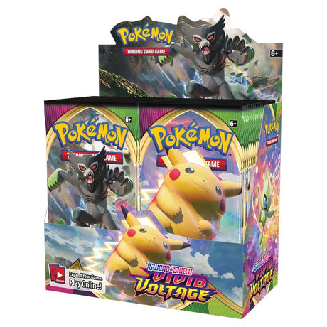 Pokemon Vivid Voltage Booster Box for Pokémon TCG, featuring colorful booster packs with Pikachu and other Pokémon characters.