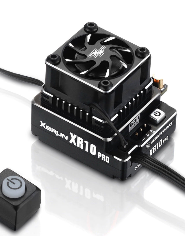 Hobbywing XERUN XR10 Pro G2 160Amp brushless RC car ESC with cooling fins and control buttons visible in the image.